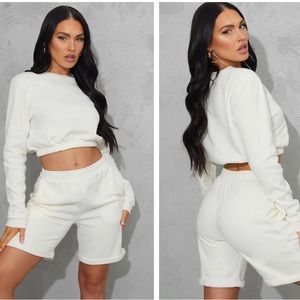 Cream Crew Neck Elasticated Hem Sweatshirt and Shorts Co-ORD